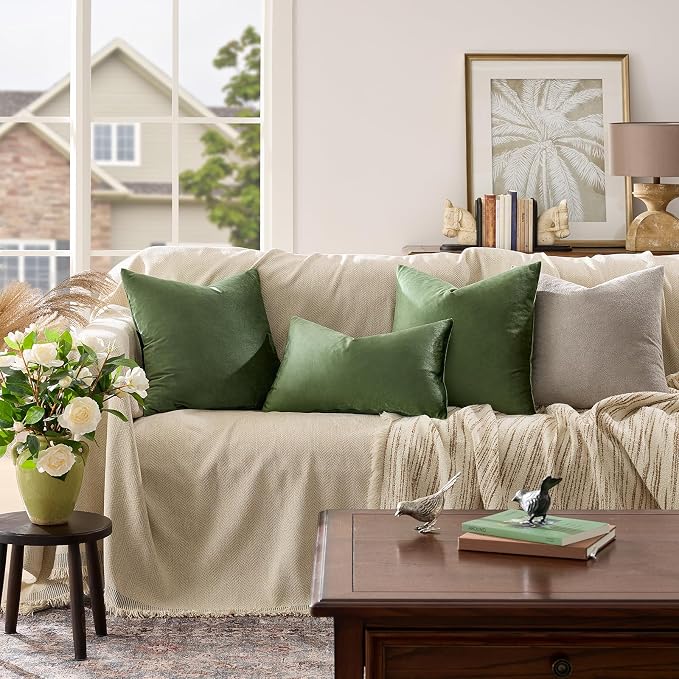 GIGIZAZA Olive Green Velvet Throw Pillow Covers 20x20 Pack of 2 | Decorative Pillows for Couch Sofa,280gsm Soft Textured Fabric,Modern Square Pillowcases,Luxury Cushion Covers