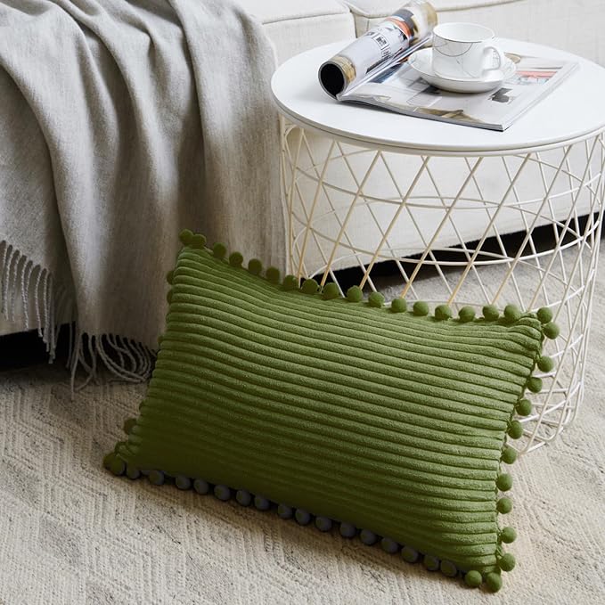 Fancy Homi Pack of 2 Moss Green Lumbar Decorative Throw Pillow Covers with Pom-poms, Soft Corduroy Solid Rectangle Cushion Cases Set for Couch Sofa Bedroom Car Living Room (12x20 Inch/30x50 cm)