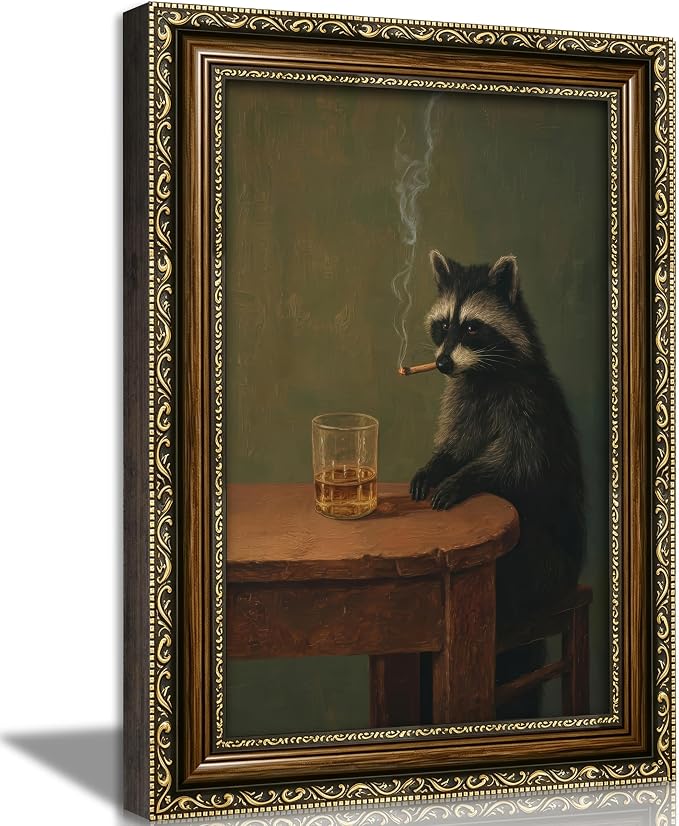 Vintage Gold Framed Smoking Raccoon Wall Art, Moody Dark Funny Animal Whiskey Cigar Canvas Print, Humor Funny Raccoon Wall Decor, Retro Bar Cart Poster Artwork, for Study Office Bar Decor, 9x11in