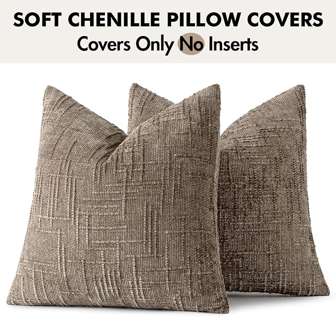 MIULEE Chenille Textured Euro Throw Pillow Covers Taupe Grey 26x26 | Set of 2, Slubby Decorative Pillows, Fall Boho Farmhouse Decor, Modern Neutral Cushion Covers for Couch Sofa Bed Living Room