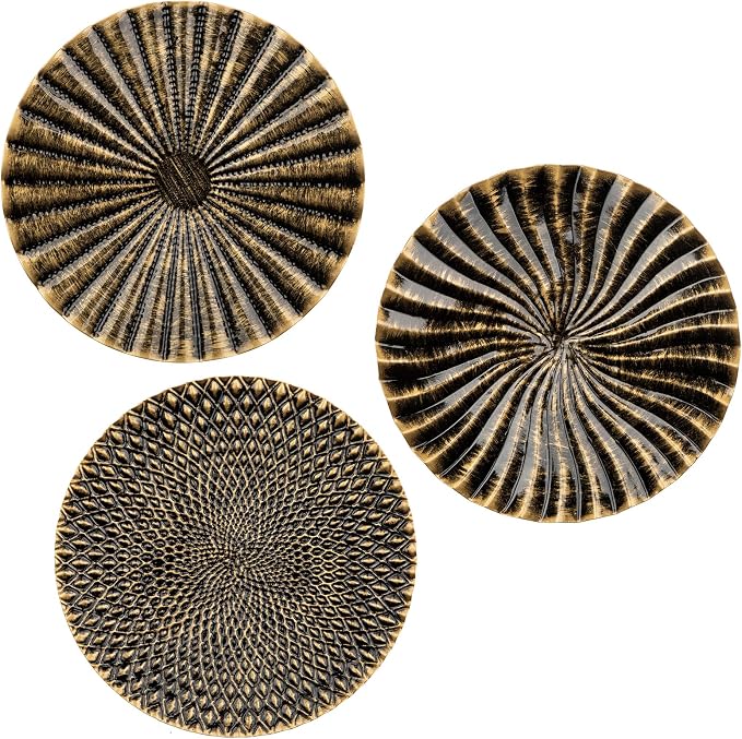 Briful 12" Wall Décor Pack of 3 Metal Gold & Black Washed Starbursts Radial Plate Wall Art Modern Accent Hanging Wall Decorations For Home Office Bedroom Or Living Room Wall Sculptures