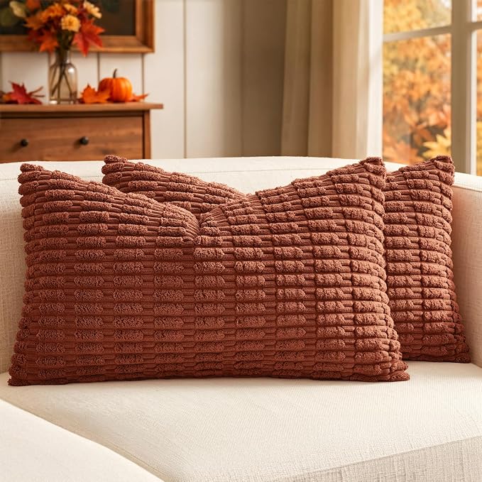 MIULEE Fall Lumbar Corduroy Decorative Throw Pillow Covers 12x20 Dark Rust | Terracotta Pack of 2 Soft Boho Striped Pillow Covers Modern Farmhouse Autumn Home Decor For Sofa Living Room Couch Bed
