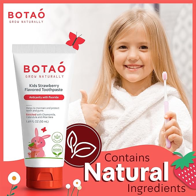 BOTAO Kids Toothpaste | Natural Strawberry Flavored Anticavity Fluoride Toothpaste Maximum Cavity Protection| EWG Verified, Vegan, SLS Free, Safe to Swallow, Aloe Vera (2Pack)