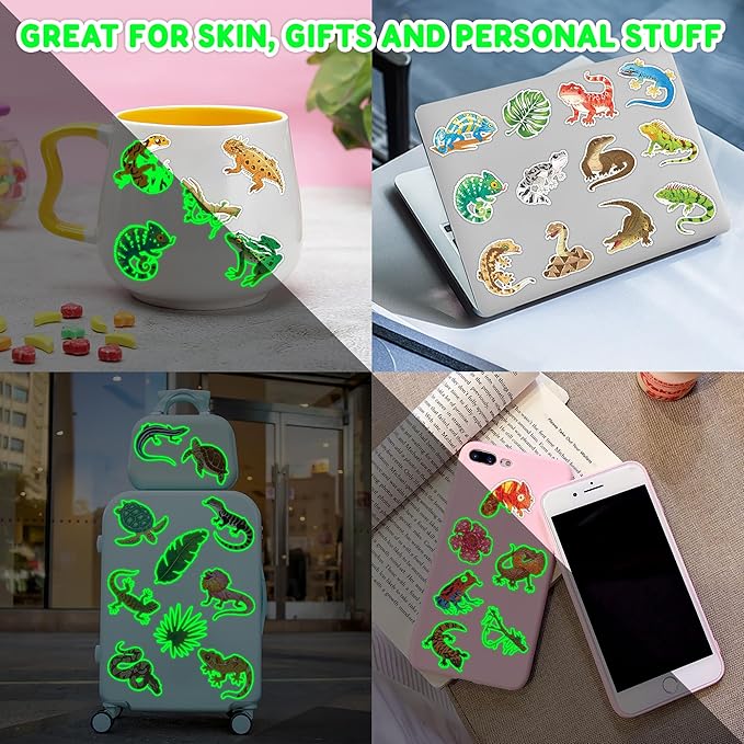 96PCS Reptile Animal Safari Jungle Lizard Pre-Cut Luminous Glow in the dark Temporary Tattoos for Kids | Super Cute Theme Birthday Party Favors Supplies Decorations, Fake Tattoos Gifts for Boys Girls