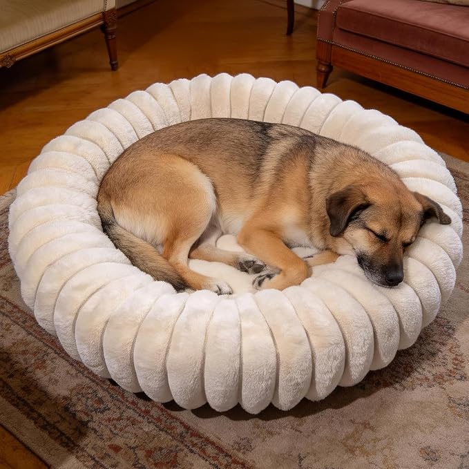 Donut Small Medium Dog Bed Washable Kitty & Puppy Bed,28ins White | Comfortable Calming Dog Bed Round Cuddler, Fluffy Faux Rabbit Fur, Anti-Slip Bottom, Anti-Anxiety, for Pets Up to 30 Lbs