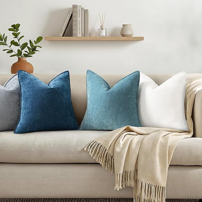 decorUhome Chenille Teal Velvet Throw Pillow Covers 22x22 Set of 2 | Fall Soft Euro Sham Couch Decorative Modern Farmhouse Pillow Cases with Elegant Design for Sofa Bed Living Room Home Decor