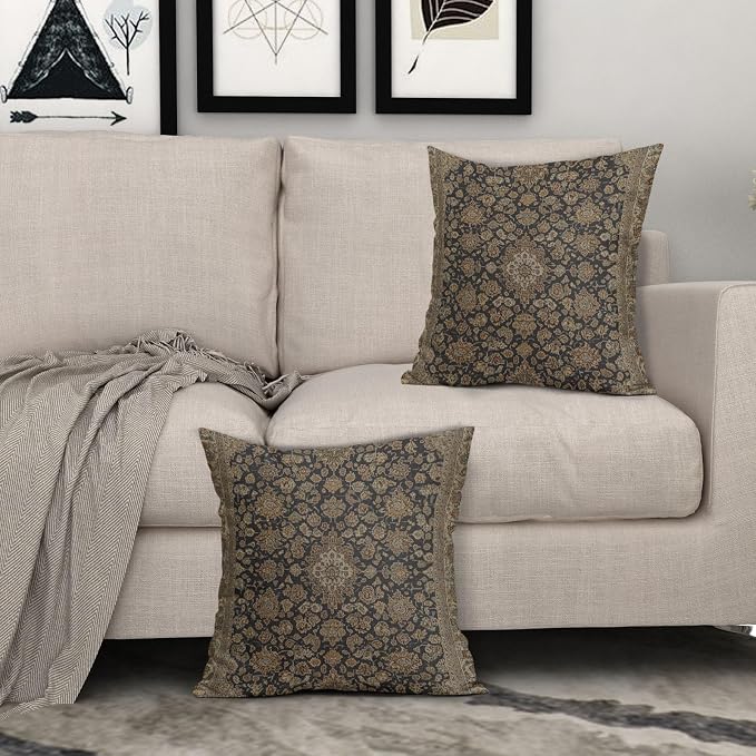 Vintage Boho Carpet Brown Black Pillow Covers 24x24 Inch Set of 2 Antique Bohemian Floral Print Linen Throw Pillow Cases Outdoor Linen Cushion Cover Farmhouse Decor for Bedroom Home Sofa Couch Bed