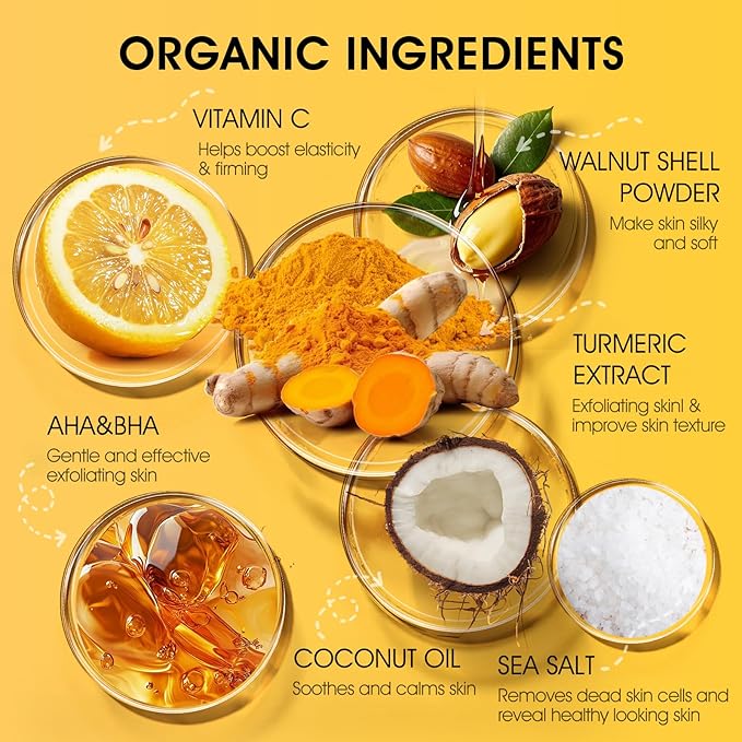 VOERUY Turmeric Body Scrub, 10% AHA/BHA & Vitamin C Exfoliating Body Scrub, Body Exfoliator for Body Hand Foot Bikini Area, Smooth & Moisturized Skin for Women and Men - 11.3oz
