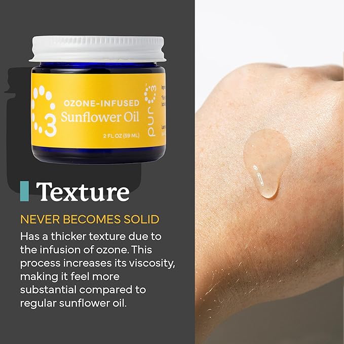 PurO3 Ozonated Sunflower Oil – Pure, Natural, Organic Skincare for Face & Body – Oxygenated Healing Lotion, Moisturizer & Beauty Cream in a Glass Jar – O3 Therapy Salve, 2 oz
