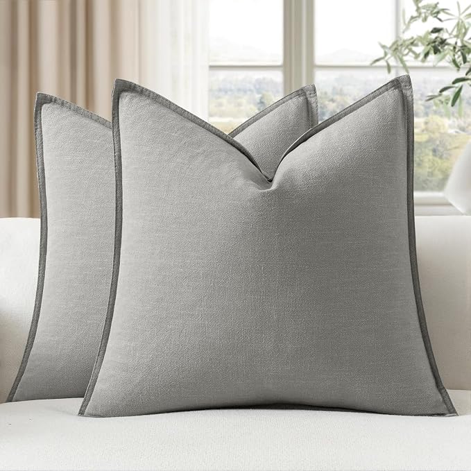 EMEMA Decorative Linen Throw Pillow Covers 20x20 Inch Light Grey | Boho Farmhouse Neutral Couch Throw Pillows for Bed Pack of 2 Accent Pillowcase Modern Sofa Cushion Livingroom Home Decor