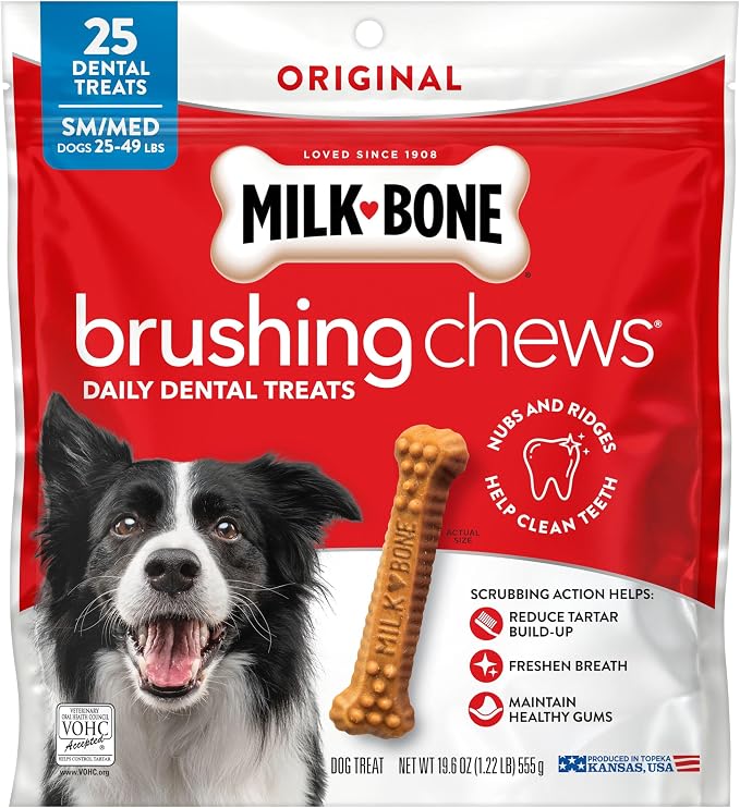 Milk-Bone Brushing Chews Small/Medium Daily Dental Dog Treats, 19.6 oz Bag | 25 treats, chicken flavored, VOHC accepted dental chews, helps clean teeth and freshen breath, small & medium dogs 25–49 lbs