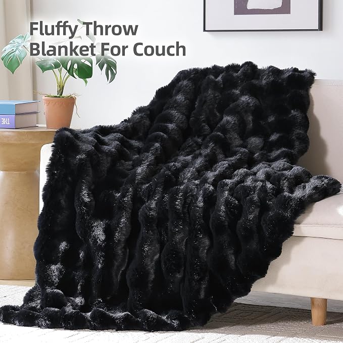 Faux Rabbit Fur Throw for Couch - Black Bubble Blanket 50"x60" | Fluffy Plush Fuzzy Throw for Sofa & Bed, Super Soft Cozy Comfrt Blanket, Luxury Aesthetic Black Decor Gift for Women
