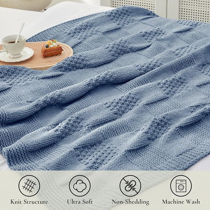 Knit Throw Blanket, Soft Chenille Cozy Breathable Checkered Chunky Decorative Blanket for Couch, Bed & Sofa, French-Inspired Lightweight Warm Gift for Women, Washed Blue, 50"x60"