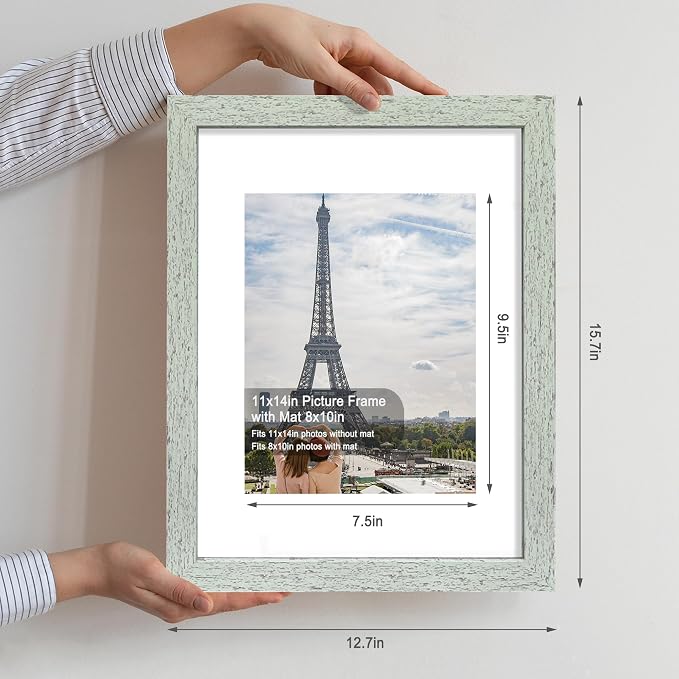 Hongkee 11x14 Picture Frame Set of 4, Made of Real Glass and Sage Green Wooden Frame, Display 8x10 Pictures with Mat or 11 x 14 Posters without Mat for Wall Mounting, Gallery Photo Frames