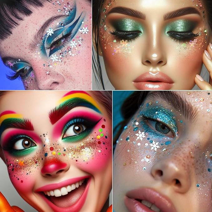 Christmas Body Glitter Gel SUPGIFT 4 Colors 8.5oz Holographic Chunky Mermaid Iridescent Laser Liquid Star Flower Leaf Sequins for Makeup Face Eyeshadow Hair with Spoon