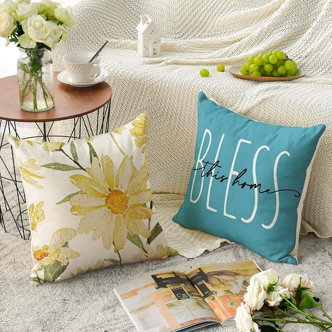 AVOIN colorlife Home Sweet Home Spring Summer Flowers Yellow Throw Pillow Covers, 18 x 18 Inch Blue Cushion Case for Sofa Couch Set of 4