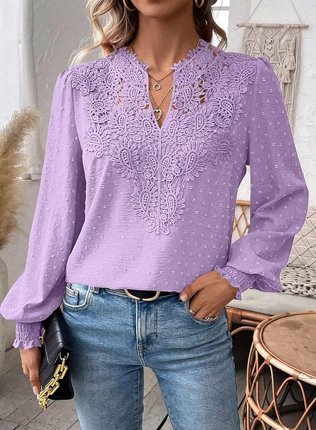 Womens Tops Swiss Dot Boho Long Sleeve Shirts V Neck Casual Chiffon Blouses Flowy Lace Hem Cute Clothing Trendy 2026