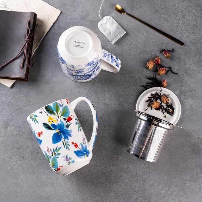 AmorArc Porcelain Tea Mug with Infuser and Lids, 18 Oz Coffee Cup Strainer with Bag Holder for Loose Leaf Tea, Steeping Coffee Mug for House-warming Wedding Birthday Gift