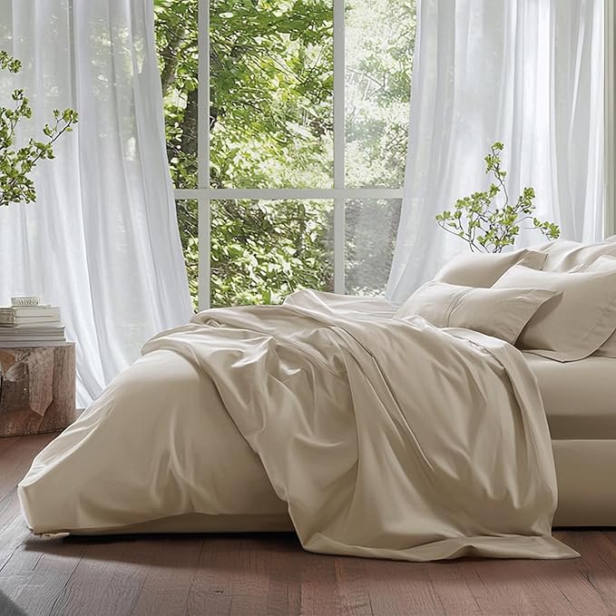 Double Stitch Cotton Tencel Sheet - Bed Sheets Set Queen Size, 4Pc Luxury Hotel Bedding Set, Soft, Cooling & Breathable for Hot Sleepers, Deep Pocket Up to 16 Inches, Sandstone