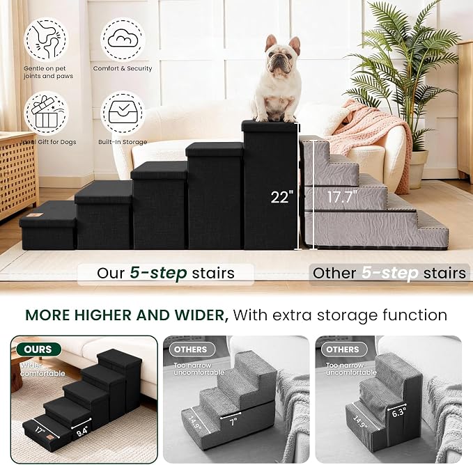 Love's cabin Dog Stairs for High Bed, Foldable Pet Stairs for Small Medium or Large Dogs Puppy with Storage for Bed or Couch, Cat Dog Steps Ramp with Zip up to 200 lbs, Black, 5 Steps