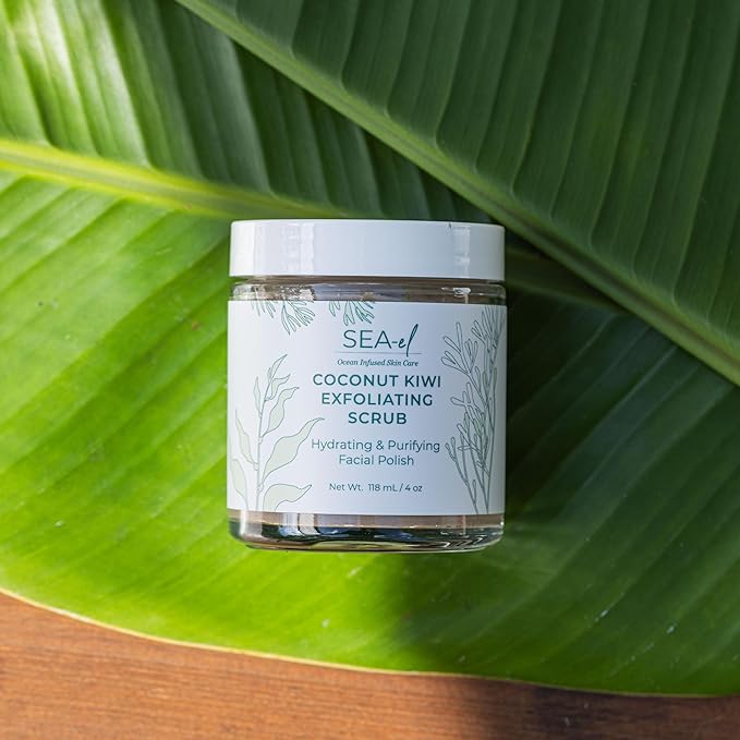 Sea El Coconut Kiwi Exfoliating Face Scrub Hydrating Calming & Purifying Anti Aging Exfoliator - Bamboo Pumice & Green Tea Detoxifying Exfoliant Facial Cleanser & Polish for Women & Men - 4 Oz