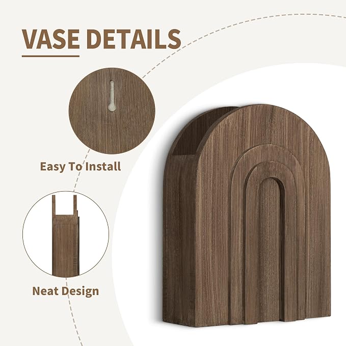 2 Pack Wooden Wall Vase White and Natural for Pampas Grass and Dried Stems | Neutral wall vases for faux flowers and pampas grass; farmhouse bathroom decor for hallway, entryway or living room