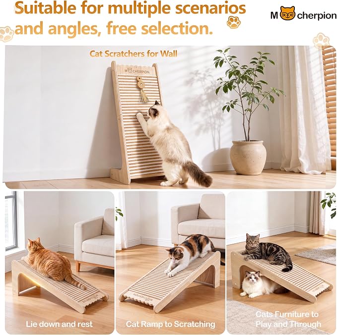 Cork Cat Scratching Board-Cat Scratcher Post-Cat Toy Scratch Pad for Indoor | Cat Scratching Posts-Cat Ramp-Cat Scratch Cardboard with Toy,Replaceable Use-Eco-Friendly Sustainable-Protect furniture white