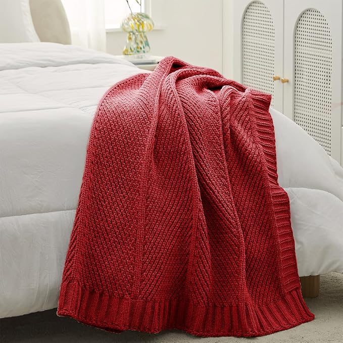 Knit Throw Blanket, Soft Chenille Cozy Breathable Chevron Chunky Decorative Blanket for Couch, Bed & Sofa, French-Inspired Lightweight Warm Gift for Women, Christmas Red, 50"x60"