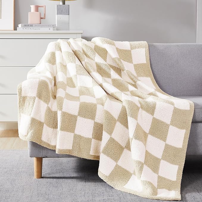 Soft Checkered Throw Blanket for Couch-Cozy Warm Knitted Blankets | Lightweight Warm Fluffy Decor for Women, Mom, Her & Girls, Sofa, Chair, Bed, 50x70in, Beige