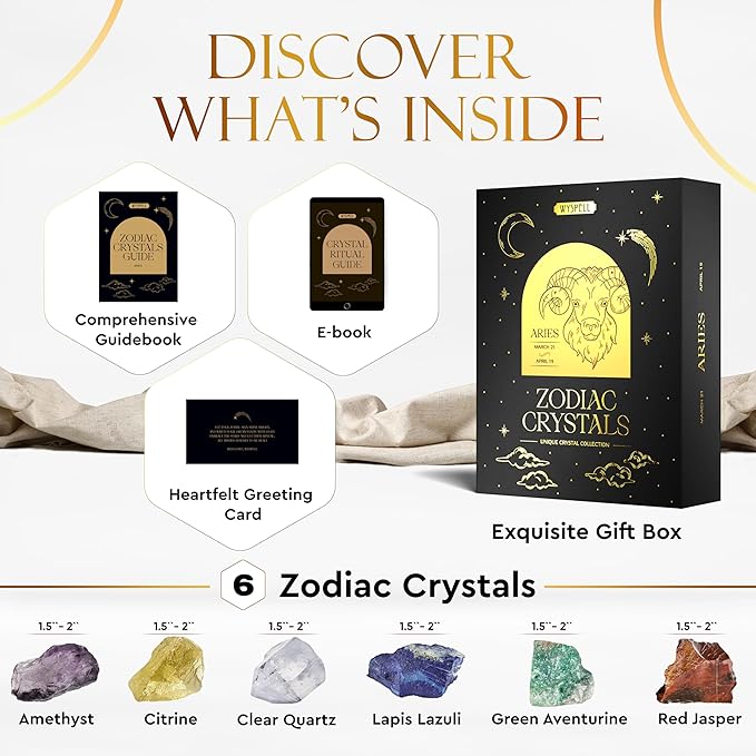 Wyspell Aries Crystal Set - 6 Raw Aries Crystals and Healing Stones - Zodiac Gifts for Women - Aries Healing Gifts - Aries Birthday Gifts - Astrology Gifts - Zodiac Crystal Set