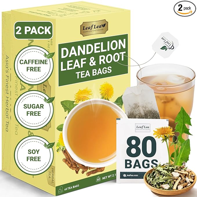 LeafLea Dandelion Root & Leaf Tea Bags, Digestion Support, 80 Count | Natural Roasted Dandelion Herbal Blend, Te De Diente De Leon, Caffeine-Free, Vegan, Convenient 2 Pack