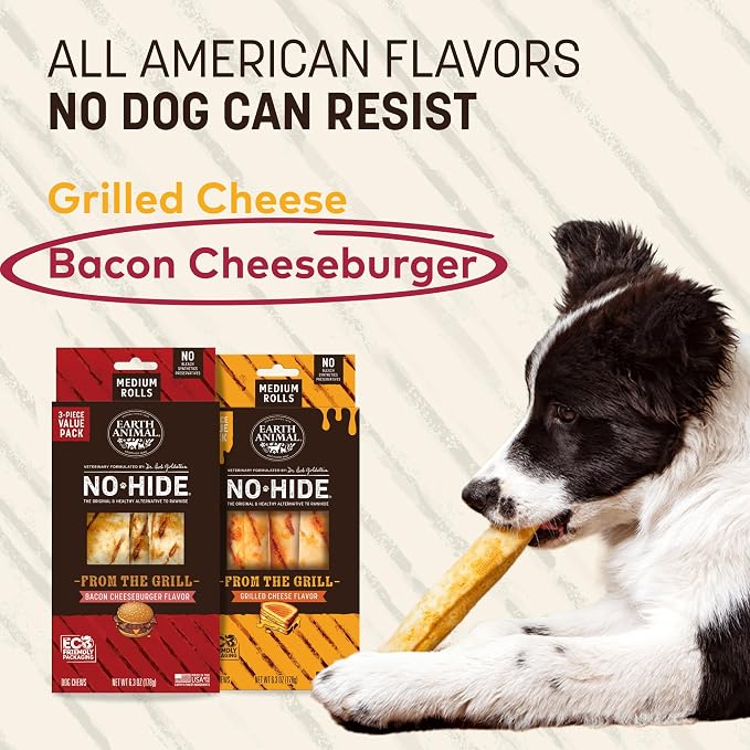 Earth Animal No Hide Dog Chews - Medium Rolls 3 Count Bacon Cheeseburger | Medium Bacon Cheeseburger Flavored Natural Rawhide Free Long Lasting Dog Chews - Treats for Medium Dogs