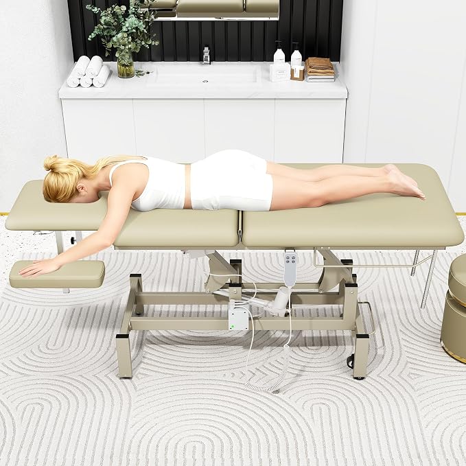 2 Motors Electric Massage Table, Hydraulic Electric Lift Adjustable Waist and Height Lifting Functions for Treatment, Physical Therapy, Spinal Massage, Facial Spa, Waxing, Tattooing - Beige Gray