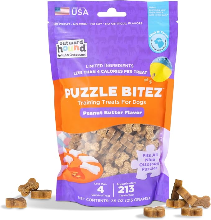 Outward Hound Nina Ottosson Puzzle Bitez Dog Treats, Peanut Butter, 7.5 oz | USA Made, Healthy Bite-Sized Treats for Training Reward & Interactive Puzzle Toys, No Artificial Additives, Dogs & Puppies