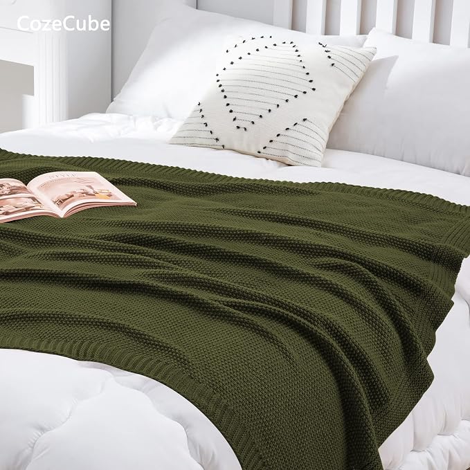 CozeCube Olive Green Seed Stitch Throw Blanket 60"x80", Farmhouse Decor | Blanket for Couch, Soft Cozy Cable Knit Throw for Bed Sofa Living Room, Lightweight Warm Decorative Christmas Blanket