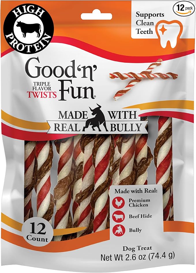GOOD 'N' FUN Twists Long-Lasting Dog Treat with Real Bully, 12 Count | Premium Chicken, Bully & Beef Hide Chew, High Protein Supports Strong Muscles and Healthy Immune System, For Adult Dogs