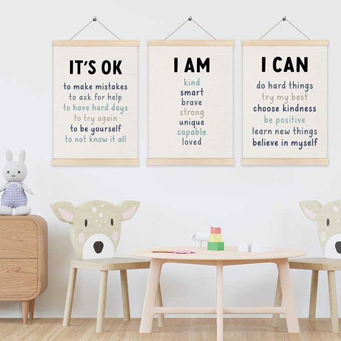 Koesus Inspirational Classroom Blue Wall Art Poster Hanger Frame 12x16 Inch Set of 3, Positive Affirmations for Kids, Motivational Canvas Pictures Prints Framed Wall Decor for Classroom Kids Room