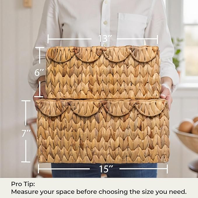 StorageWorks Wicker Basket with Scalloped Edge Lid, Handwoven Water Hyacinth Baskets for Bedroom, Living Room, 13" L x 9 ½" W x 6" H | Rattan Storage Baskets with Scalloped Edge, Basket with Lid Decorative Storage, Woven Wicker Basket for Living Room, ...