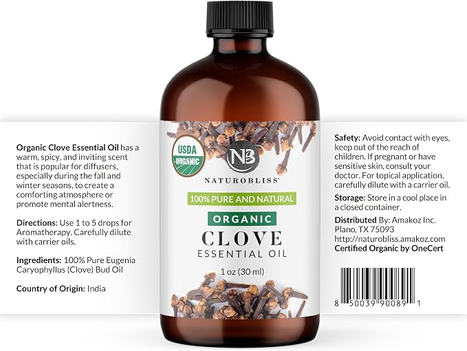 NaturoBliss Organic Clove Essential Oil 1 oz – 100% Pure, Natural, Undiluted for Toothache, Sore Muscles, Skin & Hair Care - Soothing Clove Bud Oil for Aromatherapy, Warm Spicy Aroma