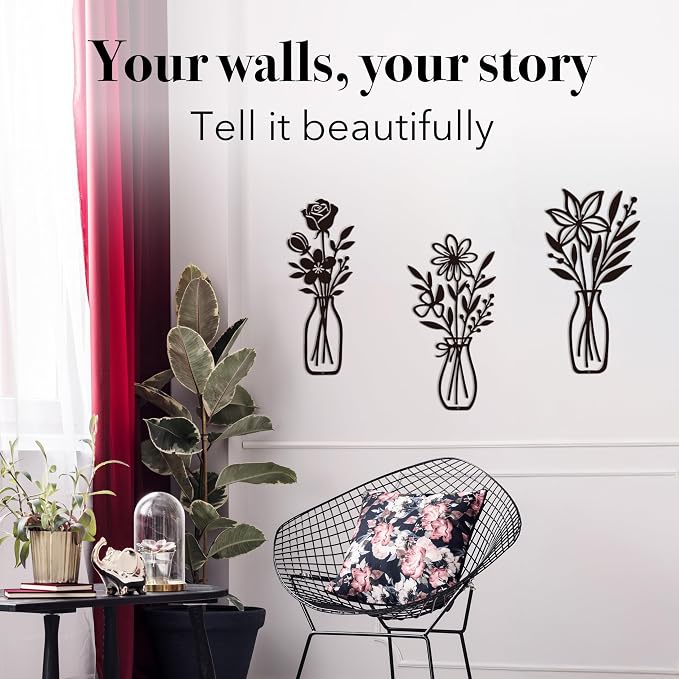 CarryWise 3 Piece Metal Flower Wall Art for Bedroom Living Room Rustic Farmhouse Floral Wall Decor for Bathroom Dining Room Boho Home Decorations Modern Minimalism Walls Hanging Sculptures(Black)