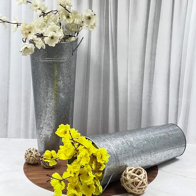 Hosley Set of 2 Galvanized French Bucket with Handles & PVC Liner, 6" Dia x 15" H for Weddings, Parties, Country Picnics, Floral Arrangements, Tableware Storage, or Gardens - Rustic Farmhouse Décor
