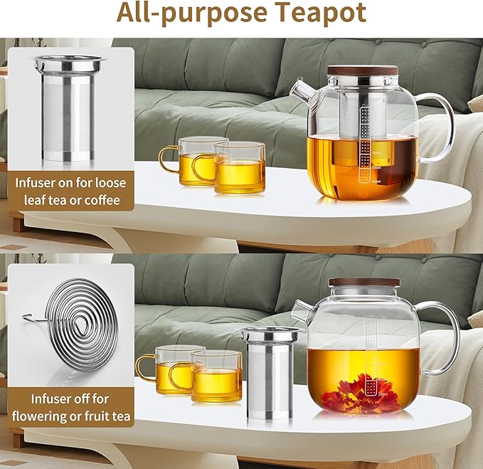 Glass Teapot with Infuser and Lid - 40oz Borosilicate Glass Teapot with Heat-Resistant Handle, Stainless Steel Mesh Infuser for Loose Leaf & Blooming Tea, Stovetop & Microwave Safe