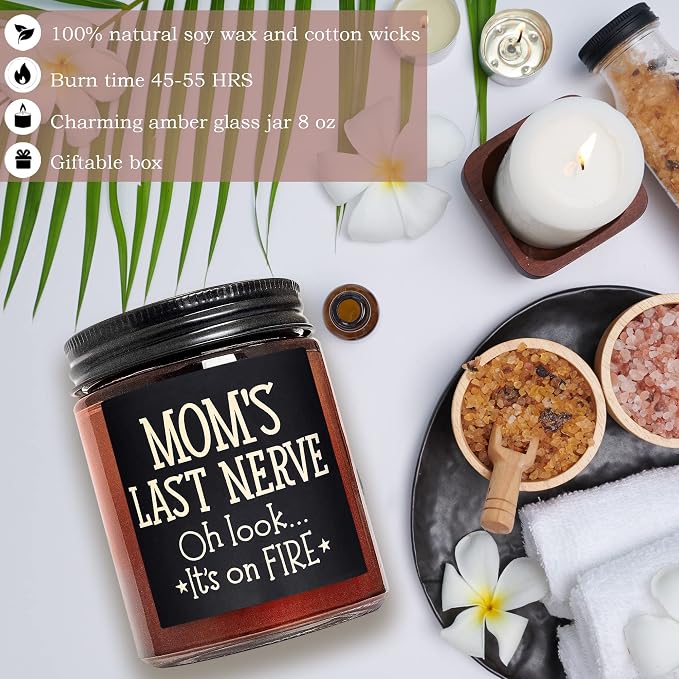 Mom's Last Nerve Candles - Fun Birthday, Valentines Day, Mothers Day Gifts from Daughter, Son - Funny Stress Relief Relaxation Gifts for Women Wife New Mom - Sea Salt Jasmine Soy Spa Candle