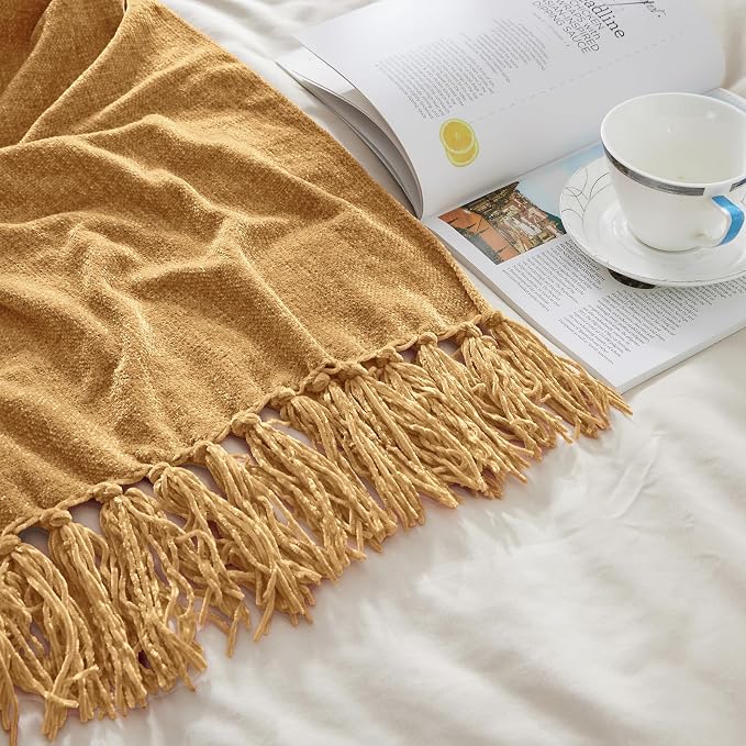 CozeCube Chenille Throw Blanket, Light Brown Fringe Blanket, 60"X80" | For Couch, Cozy Plush Fuzzy Decorative Blanket with Fringe Tassels, Lightweight Throws for Bed Sofa Gift Home Decor