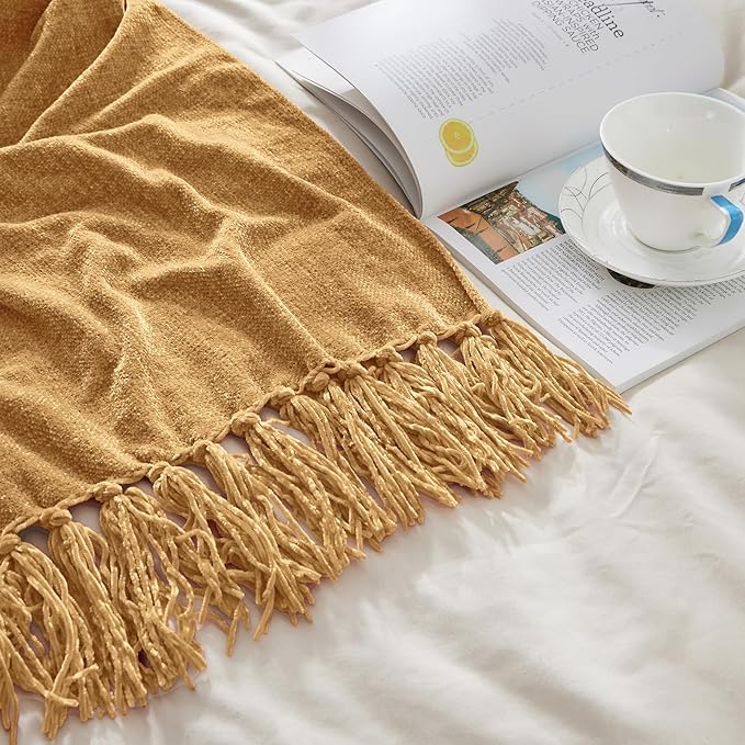 CozeCube Chenille Throw Blanket, Light Brown Fringe Blanket, 50"X60" | For Couch, Cozy Plush Fuzzy Decorative Blanket with Fringe Tassels, Lightweight Throws for Bed Sofa Gift Home Decor