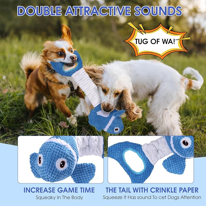 Squeaky Clownfish Dog Toy, Stretchable Plush Tug Toy, Blue