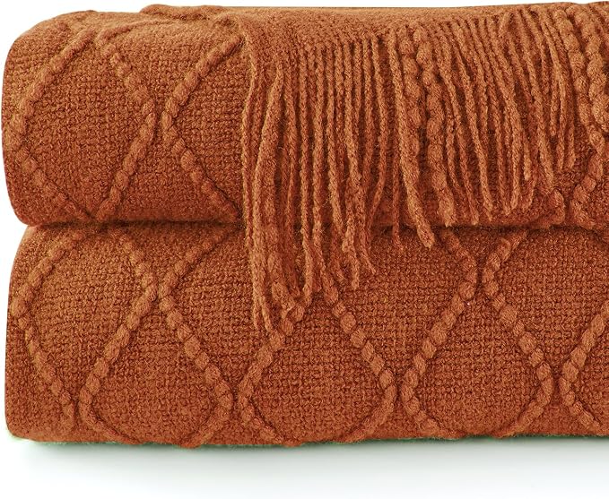 inhand Orange Rust Knitted Throw Blanket for Couch and Bed, 60"x80" | Soft Cozy Knit Blanket with Tassel, Lightweight Decorative Blankets and Throws, Farmhouse Warm Woven for Men and Women