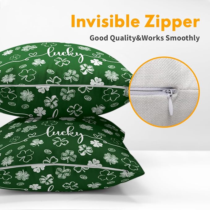Kawani St Patricks Day Pillow Covers 18x18 Set of 2 Green Lucky Clover Shamrock Leaves Print Throw Pillowcases Cotton Linen Cushion Case for Living Room Couch Sofa Farmhouse Home Decor