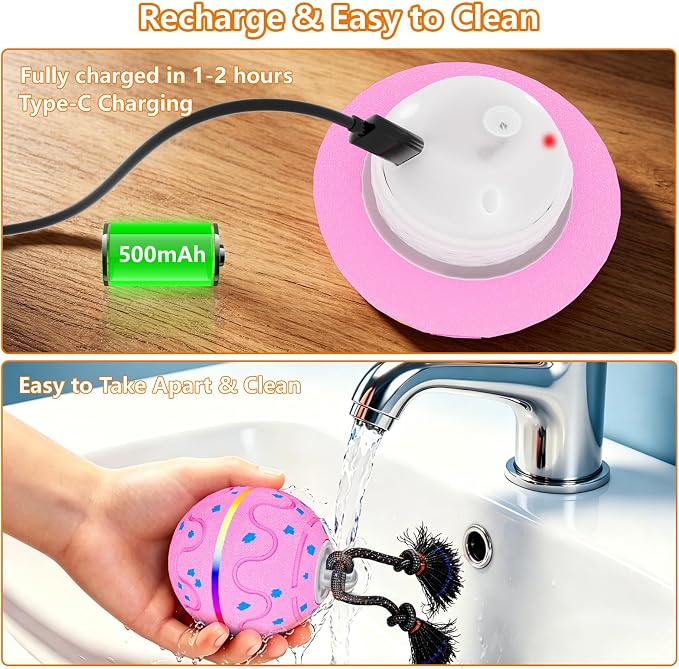 Interactive Dog Ball Toy with 2 Rope, Automatic Rolling & Bouncing Smart Dog Toy with Bird Chirping Sound and LED Light, Soft ETPU Chew-Safe Material, USB Rechargeable, for Medium & Large Dogs