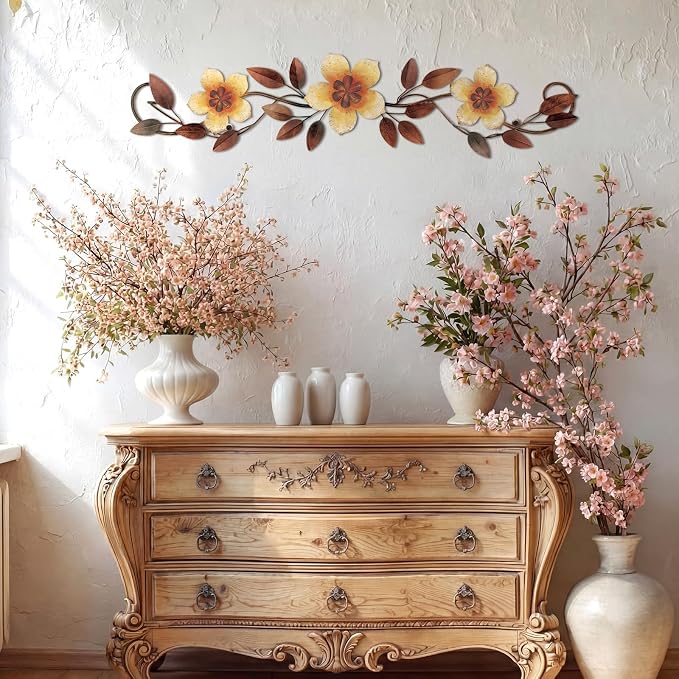 Wesiti Metal Flower Wall Decor Vintage Metal Flower Wrought Iron Scroll Sculpture 15.7''x3.7'' Not 3D, Flat Farmhouse Leaf Wall Decor with Nails for Summer Bedroom Kitchen Indoor Outdoor(Yellow)